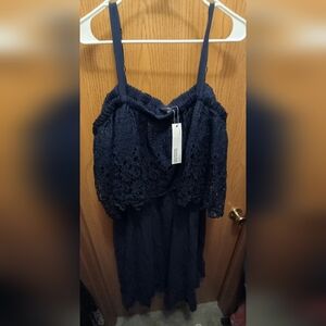 NWT Bloomchic Blue Cold Shoulder Contrast Lace Pocket Rifle Herm Midi Dress